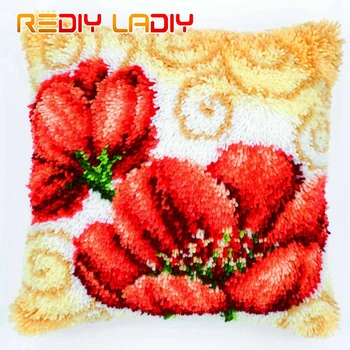 

Latch Hook Cushion Cover Poppies & Iris Crocheting Yarn Pillow Case Printed Canvas Crochet Arts & Crafts 43x43cm Sofa Bed Pillow