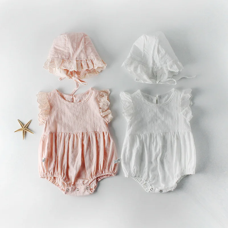 Koodykids/летние хлопковые боди для маленьких девочек; белые детские хлопковые комбинезоны со шляпой; кружевной комбинезон для девочек; Одежда для новорожденных