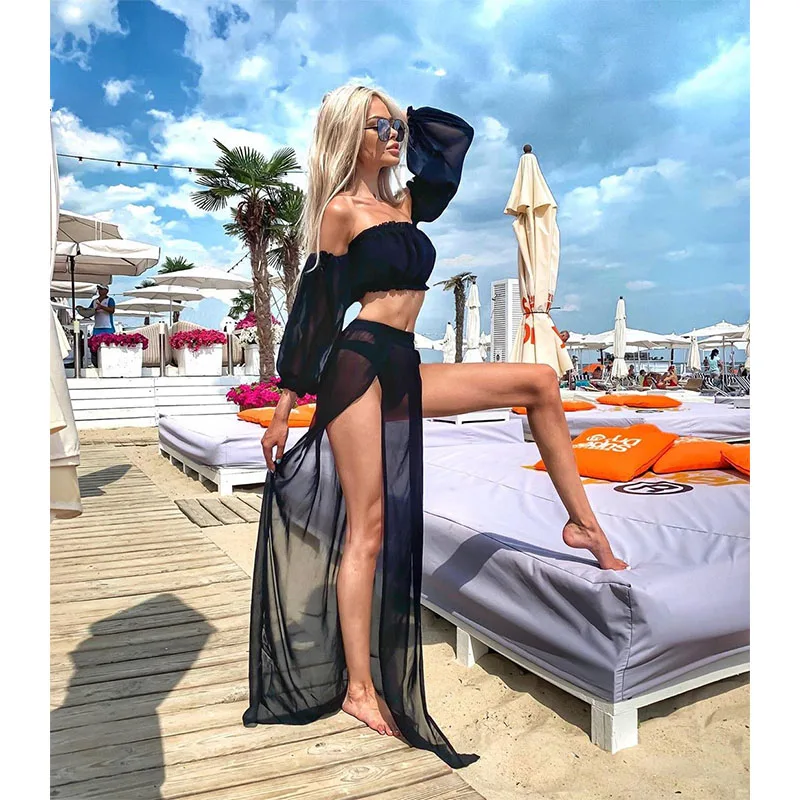 Puloru New Women Two-pieces Beach Suits Summer Solid Color Bikini Cover-ups Sets Off Shoulder Crop Tops+High Slit Maxi Skirts 3