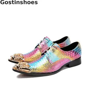 

Fashion Rainbow Men Derby Shoes Genuine Leather Snakeskin Printed Golden Metal Capped Toe Lace-up Casual Leather Shoes For Men