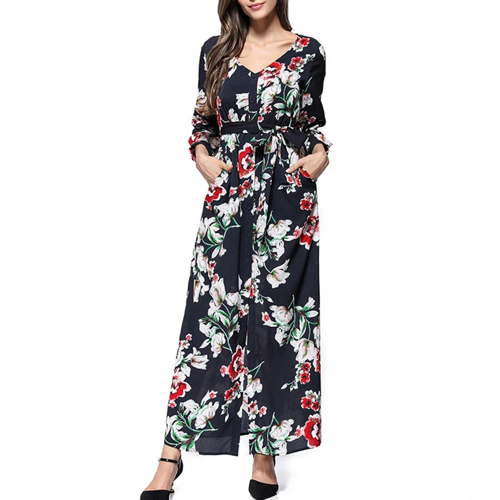 Loose Dresses Long Sleeve Winter Bohemian Beach Women Floral Print  Runway Dress Autumn Party Night Sundress Vestidos 822