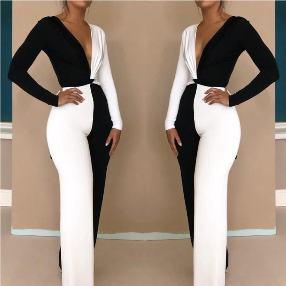 Elegant Women Clubwear Sexy 2 Pcs Set Patchwork Playsuit Bodycon Party Jumpsuit Romper