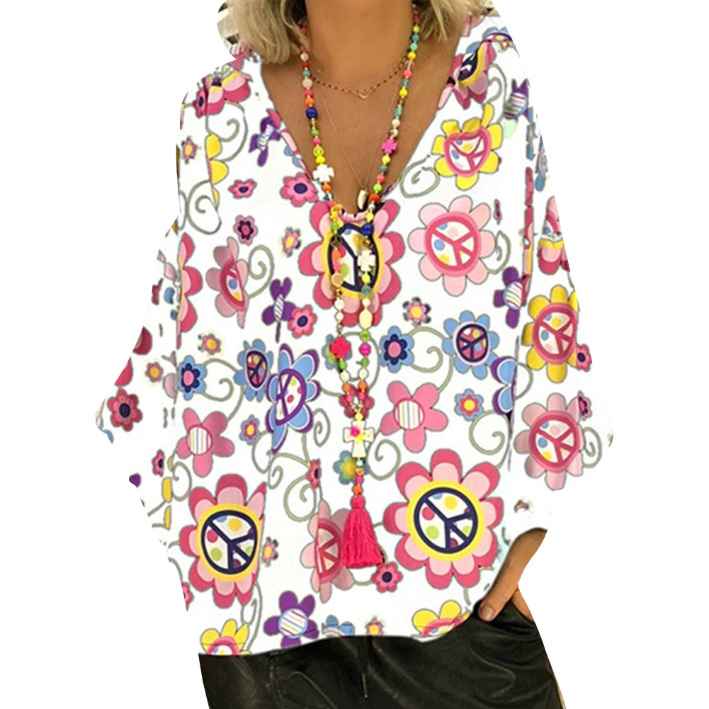 

V Neck Summer Hedging Fashion Women T Shirt Travel Exotic Casual Loose Gift Printed Top Long Sleeve Daily