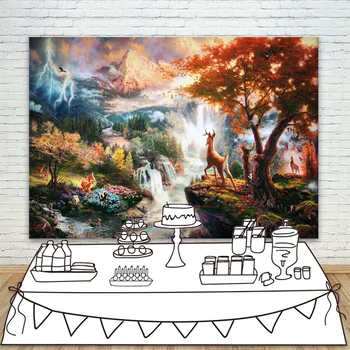 

Montains Forest Waterfall Background For Photography Deer Fawn Wonderland Backdrops For Kid Happy Birthday Party Decoration
