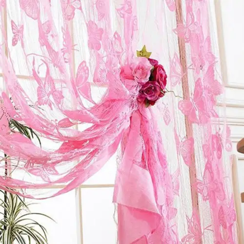 100 200 см с принтом бабочки из пряжи, прозрачные Занавески для окон, дверей, модные занавески для комнаты, тюлевые шарфы, балконные экраны, Декор - Цвет: Розовый