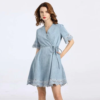 

Mini Dress Runway High Quality 2020 Summer New Women'S Casual Party Sexy Fashion Elegant Chic V-Neck Denim Dresses