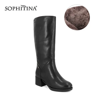 

SOPHITINA New Genuine Leather Women Boots Comfortable Thick Heel Round Toe Keep Warm Wool Fur Fashion Knee-High Winter Boots BA6