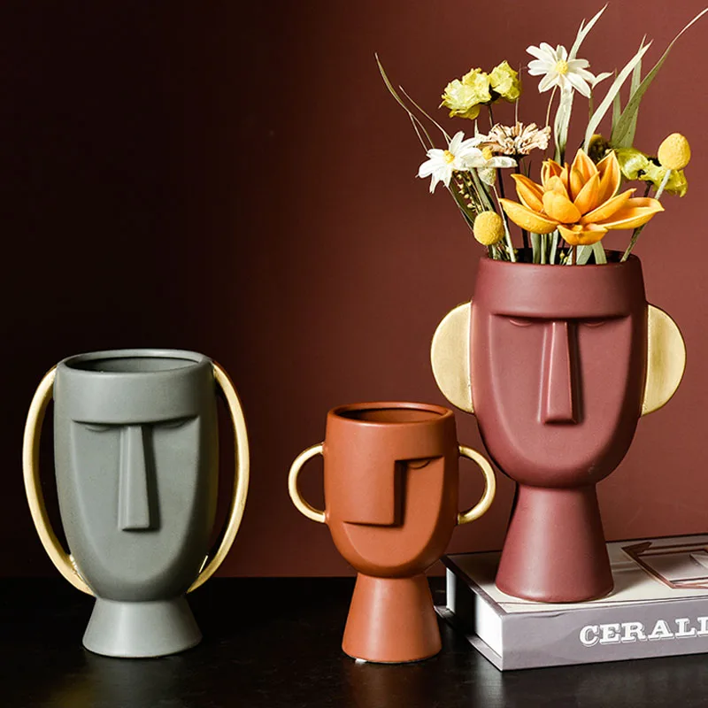 

Creative Art Vase Flower Arrangement Home Decoration Ornaments Ceramic Human Face Container With Ears Desk Display Furnishings