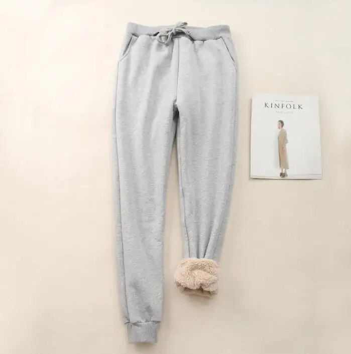 light grey Зимние кашемировые штаны-шаровары для женщин, повседневные брюки с высокой эластичной резинкой на талии, женские толстые кашемировые штаны из овечьей кожи, теплые штаны - Цвет: light grey