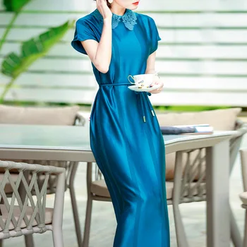 

2020 OL New Delicate Brand Dress Quality Material Satin Temperament Dress Large Size Solid Embroidery Lapel Dress With Belt 5XL