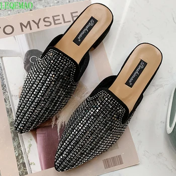 

2020 Bling Women Mules Slip On Outdoor Slippers Women Flats Pointed Toe Heel Summer Shoes Woman chaussures femme