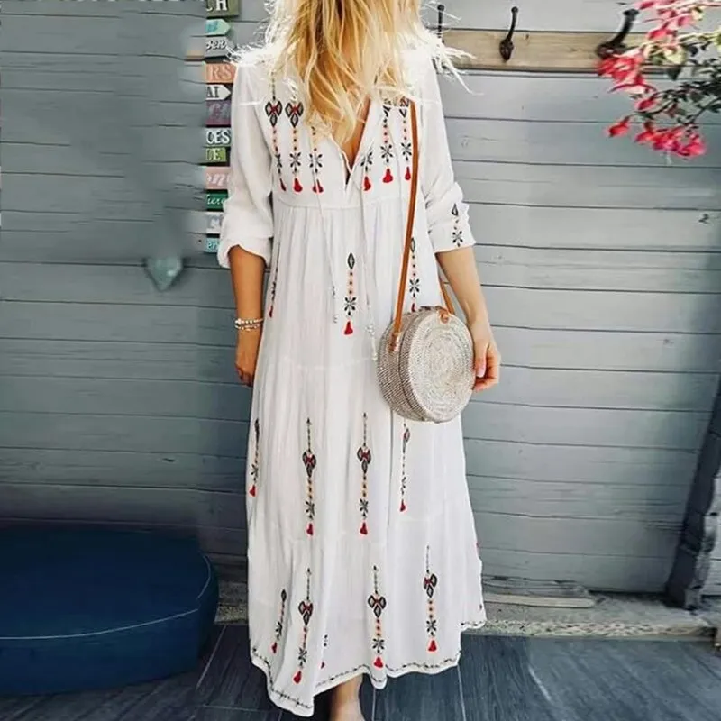 

Sexy V-Neck Drawstring Tie-Up Autumn Dress Women Boho Floral Print Long Sleeve Party Dress Casual Plus Size Long Maxi Dress