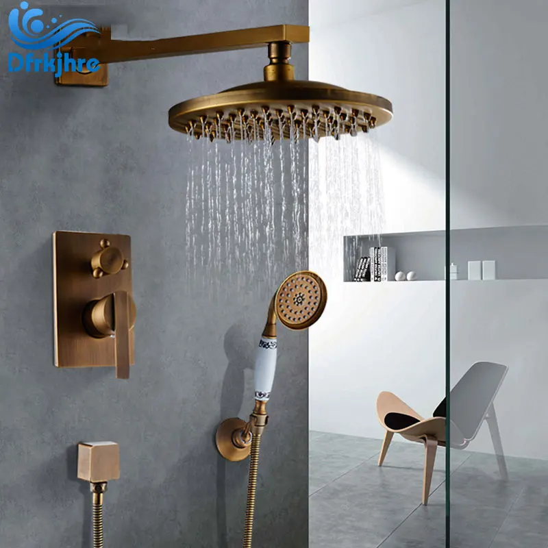 Bathroom Antique Copper Shower Faucet Set Concealed Wallmounted 2way