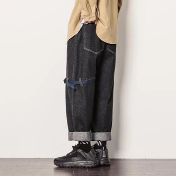 

Men Wide Leg Jeans Loose Ribbon Splice Casual Cargo Denim Harem Pants Male Vintage Hip Hop Straight Trousers
