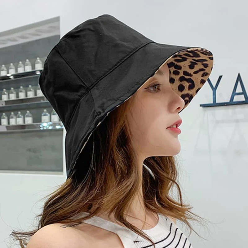 Women Bucket Hat Leopard Print Comfortable Breathe Foldable Beach Flat Top Sun Fishing Hat Flat Panama Hat Street