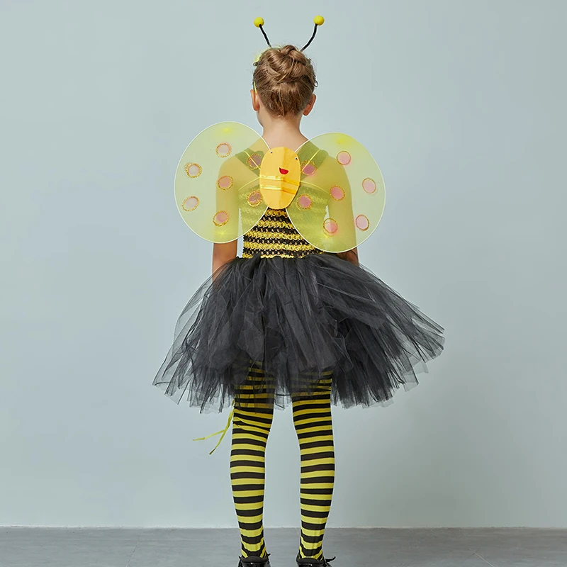 Children Bumble Bee Costume Set Girls Tutu Wings & Headband Yellow Black Kids Fancy Dress Halloween Dress Up Party Clothes (6)