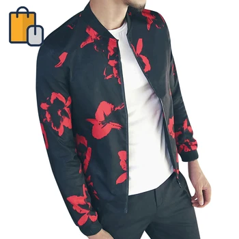 

Men's Printed Jacket Fashion Casual Slim-fit Jacket Floral Jacket Black Red New