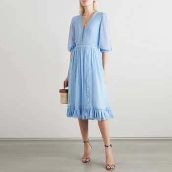 

Chiffon Dress 2020 New Fashion European Luxury Elegant V Neck Lace Dresses Office Lady Work Casual Vacation Streetwear Sundress