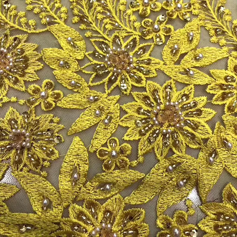 Африканская кружевная ткань высокое качество кружева, великолепное желтое кружево ручной работы тяжелое французское кружево с бисером для свадьбы DG676