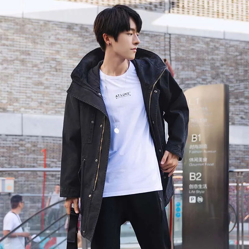 Men Casual Cargo Denim Jackets Hooded Loose 2019 Fashion Long Jeans Jackets For Male Front Pockets (6)