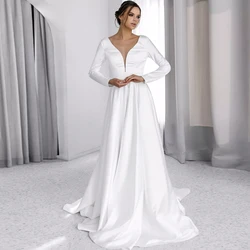 Deep V Neck Fulle Sleeve Wedding Dresses Satin Bridal Gowns 2022 Spring/Summer Dress Zipper Back Court  Train  свадебное платье