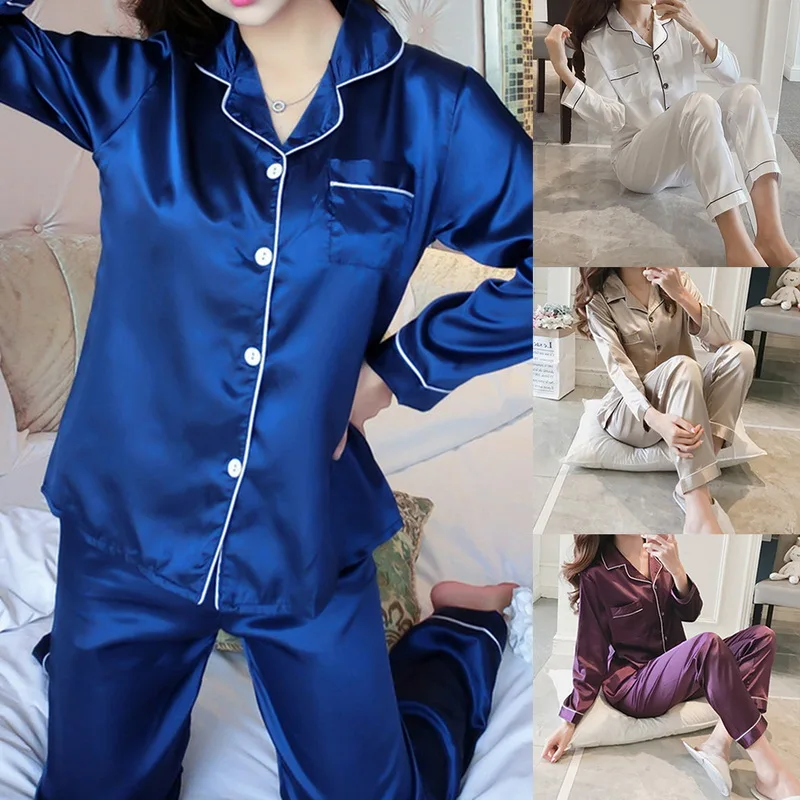 Пижамные комплекты из 2 предметов, Женская домашняя одежда из искусственного шелка с отворотом и длинным рукавом, женские сексуальные Сатиновые Топы+ штаны, ночная рубашка, осенняя одежда для сна
