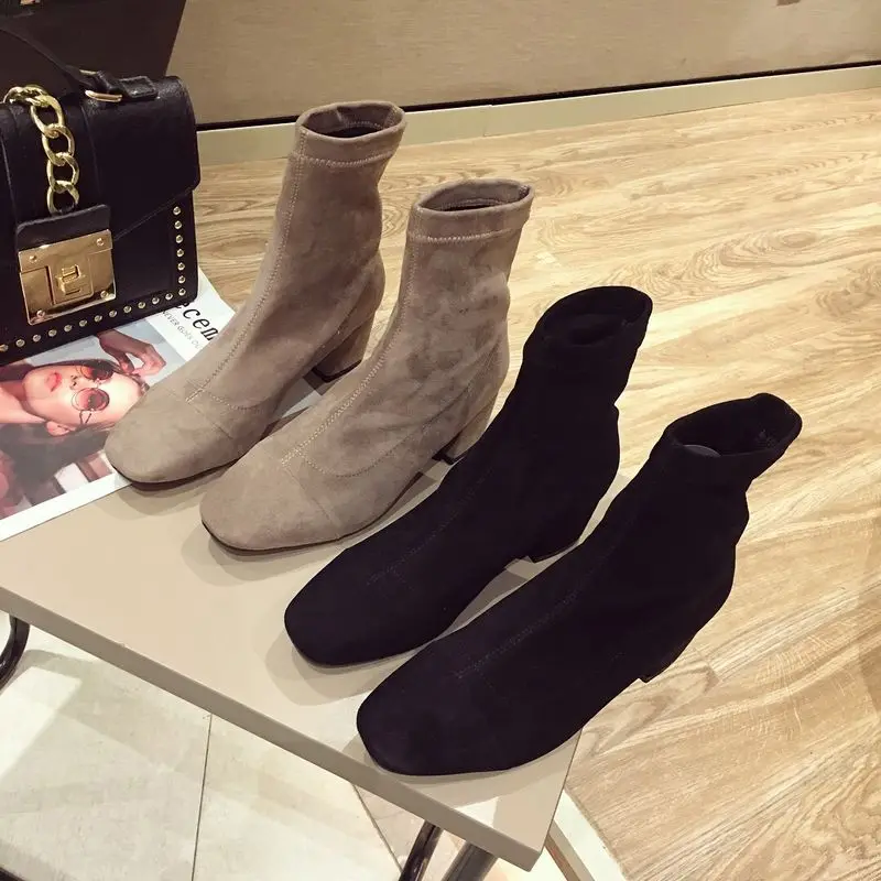 

Plus Size Square Heels Square Toe Women's Boots Slip-on Solid Black Ankle Boots 2019 Winter Woman Boots Tight Elegant Sexy Shoes