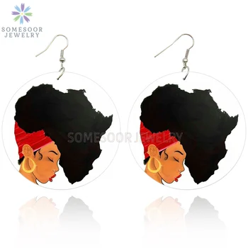 

SOMESOOR Afro Natural Hair Big Hoops Woman Wooden Drop Earrings With African Map Printed Wood Dangle Jewelry For Women Gifts