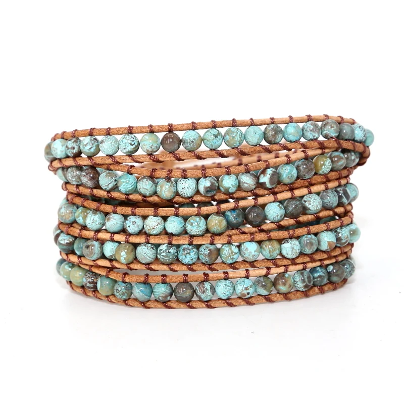 

Fashion Natural Stones Ocean Beads Leather Bracelets Handmade 5 Strands Ocean Blue Wrap Bracelet for Women Men Jewelry