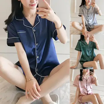 

2020 New Spring Summer Women Faux Silk Pajamas Set Simple Pure Color Leisure Nightwear Short Sleeves Sleepwear