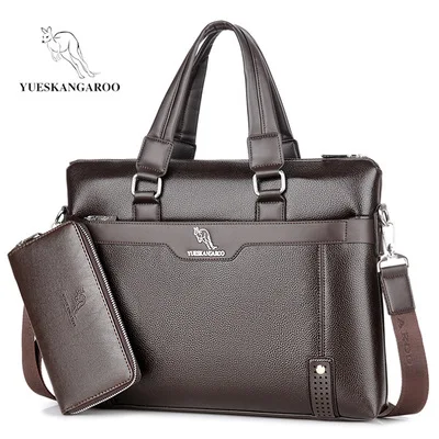 Brown Set YUESKANGAROO мужская сумка, повседневный портфель, сумки на плечо, деловая мужская сумка для ноутбука, винтажная кожаная сумка через плечо - Цвет: Brown Set