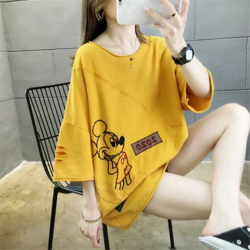 Disney Cartoon Print Tops Tees Mickey Minnie Women T-shirt Summer Female Female Short Sleeve T-shirt Casual Loose Lady Clothing