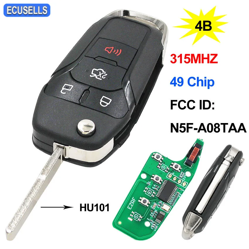 3+ 1/4 кнопки складной пульт дистанционного управления смарт-ключ автомобиля 315 МГц Hitagpro/49 чип FCC, аддитивного цветового пространства(ID: N5F-A08TAA для Ford Fusion 2013- HU101 лезвие