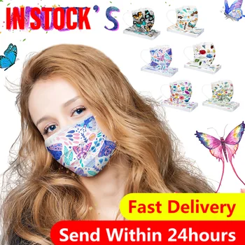

50pc Adult's Disposable Mask High Quality Butterfly Printng Face Mask Women Men 3ply Earhook Mascarilla Deportiva