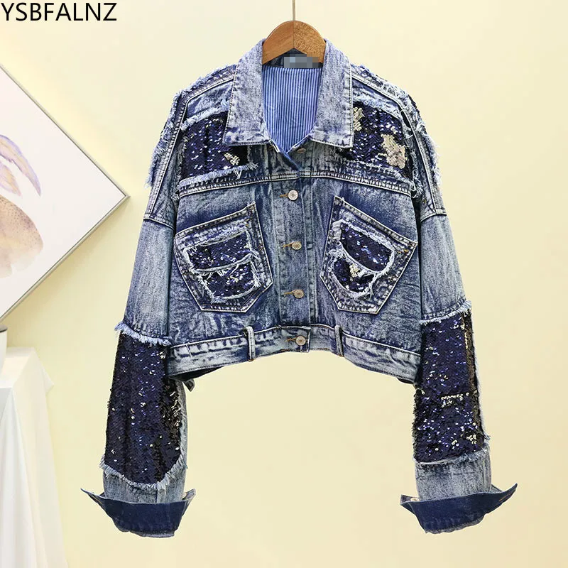 

Women Denim Jacket Streetwear 2020 Spring Jacket Female Sequin Jean Coat Long Sleeve Loose Outerwear New Kpop Chaqueta Vaquera