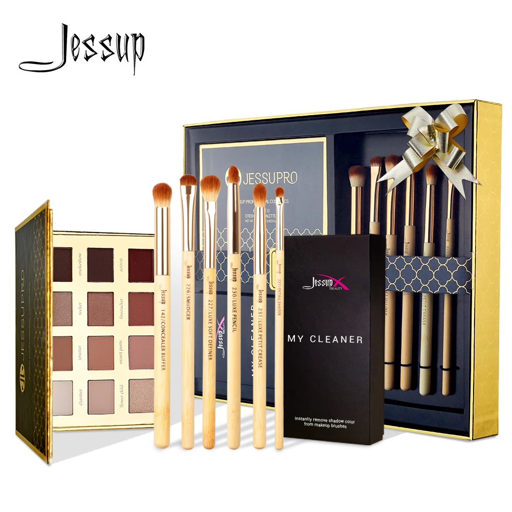 Jessup 6pcs Bamboo Makeup brushes Cosmetic tools brush cleaner sponge &amp12 color Eyeshadow Palette & gift box packing E712 |