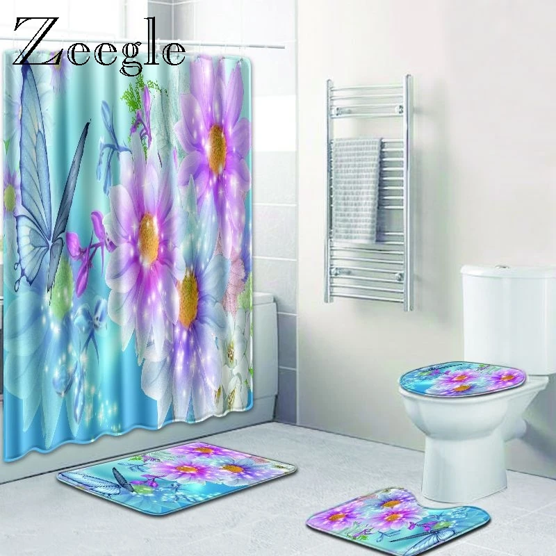 Zeegle Printed Bathroom Mat with Shower Curtain Set Polyester Bathroom Entrance Doormat Lid Toilet Cover Mat Soft Bath Floor Mat