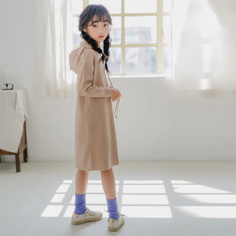 Серые толстовки с капюшоном цвета хаки; платья; одежда для детей; вязаные толстовки; Одежда для девочек; Прямые вязаные платья с длинными рукавами; осень года