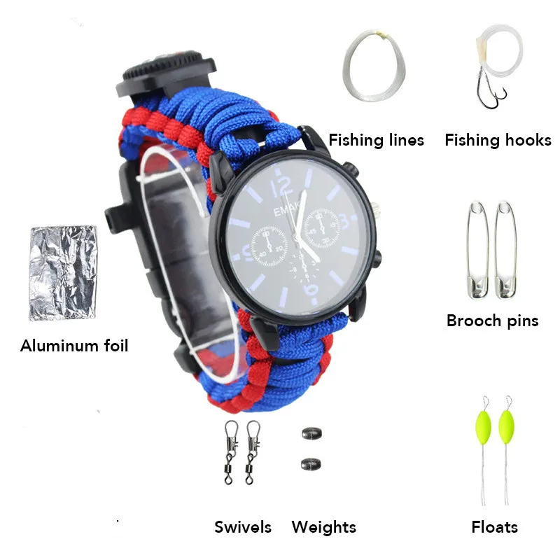

New Men's Sports Watch Suit Camping Multi-functional Emergency Survival Tools Luminous Waterproof Watch Rescue Rope Bracelet