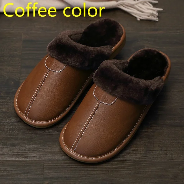 Men Slippers Black New Winter PU Leather Slippers Warm Indoor Slipper Waterproof Home House Shoes Women Warm Leather Slippers 6