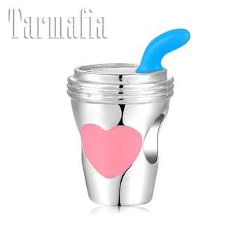 

100% 925 Sterling Silver Bead a cup of sweet milk tea shape pink heart beads Fit Original Pandora Charm Bracelet Jewelry making