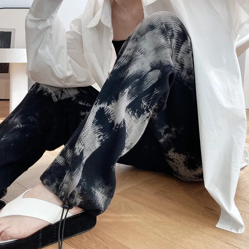Autumn New Ink-wash Tie-dye Dizzy Drawstring Pants High Waist Straight Casual Mop Sports Pants For Women