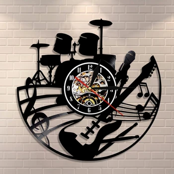 

Guitar and Drum Kits Wall Clock Guitar Player Music Vinyl Record Clock Rock Music Instrument Guitar Wall Art Rock n Rock Gift