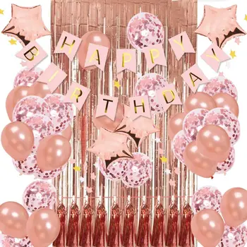 

Rose Gold Birthday Party Decorations KIT Pink Happy Birthday Banner, Metallic Tinsel Foil Fringe Curtains,confetti Balloons