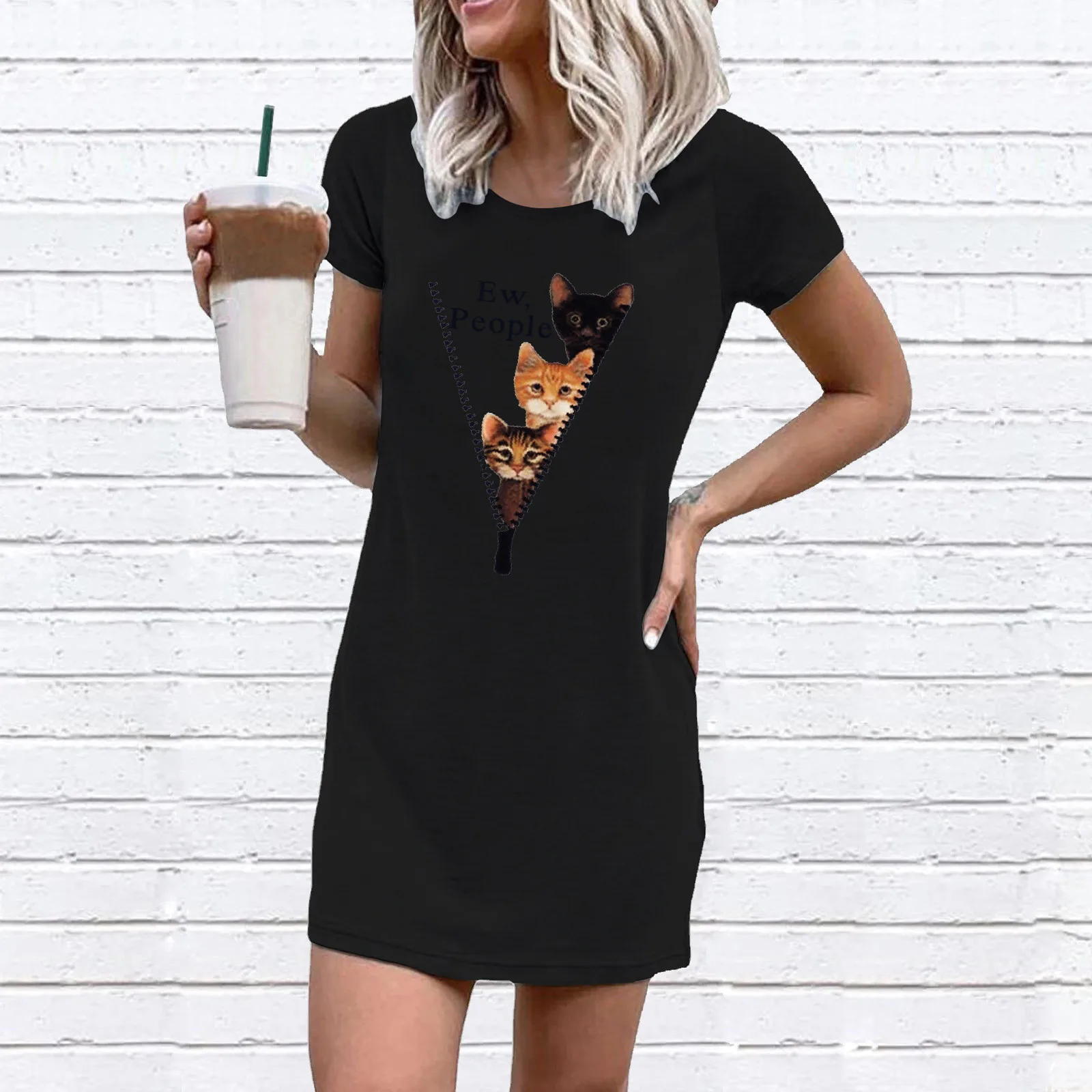 Mini Dress Creative Cat Casual Dress Zipper Print Round Neck Short Sleeve Mini Dress Summer Clothes For Women Sukienka 2021 2