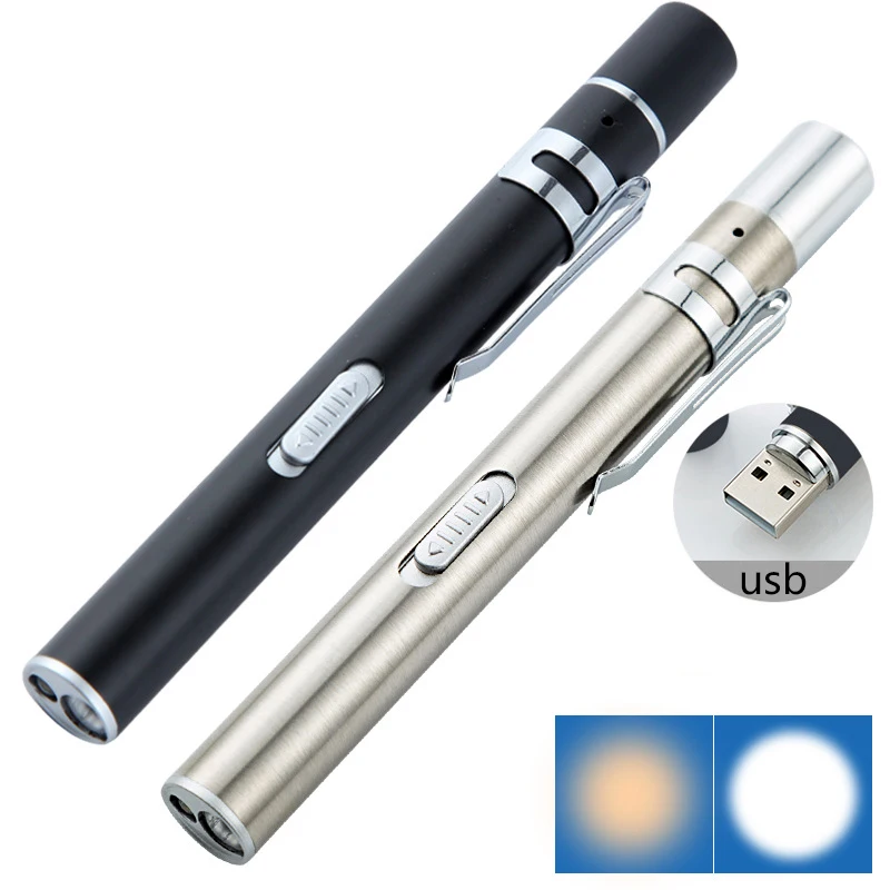 

Medical Led Flashlight Pen Light USB Rechargeable Torch Flashlights With Dual Lamp Clip Pocket Stainless Steel For Nurse Doctor
