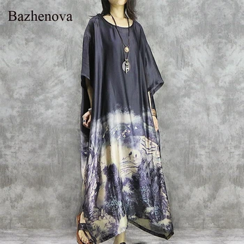 

Bazhenova Women Silk Dress Woman Loose Printing Half Sleeve Elegant Gown Summer Girls Large Size Dresses Ladies Clothes R191