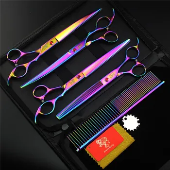 

Professional Dog Pet Grooming Scissors 8.0 inch Hair Cutting + Thinning + Curved Shears Japan 440C Grooming Shears 4PCS Set