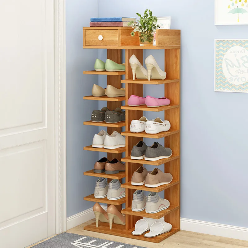 

Wooden Shoe Rack Space-saving Multiple Layers Storage Shelf Doorway Simple Economical Shoe Cabinet with Drawer for Shoe Key