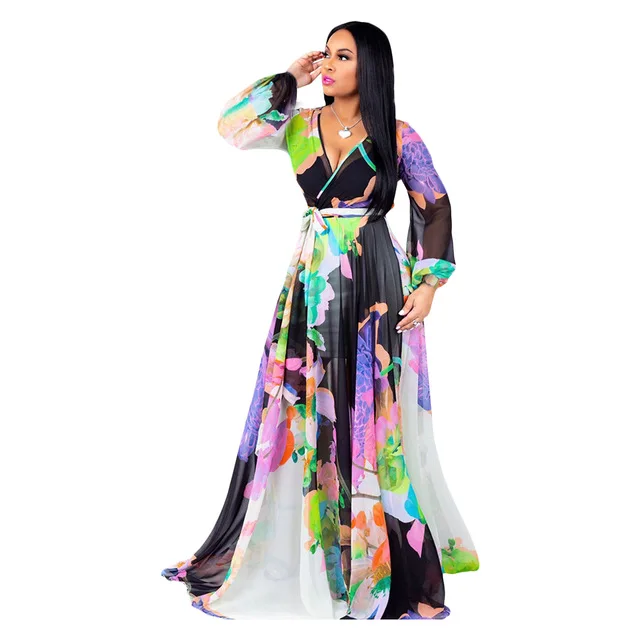2021 Chiffon Long Sleeve Cross V-Neck Maxi Dress Bohemia Dress Full Plus Size Celebrity/Graduation/Dinner Dress Beach Sundress D2203 Green